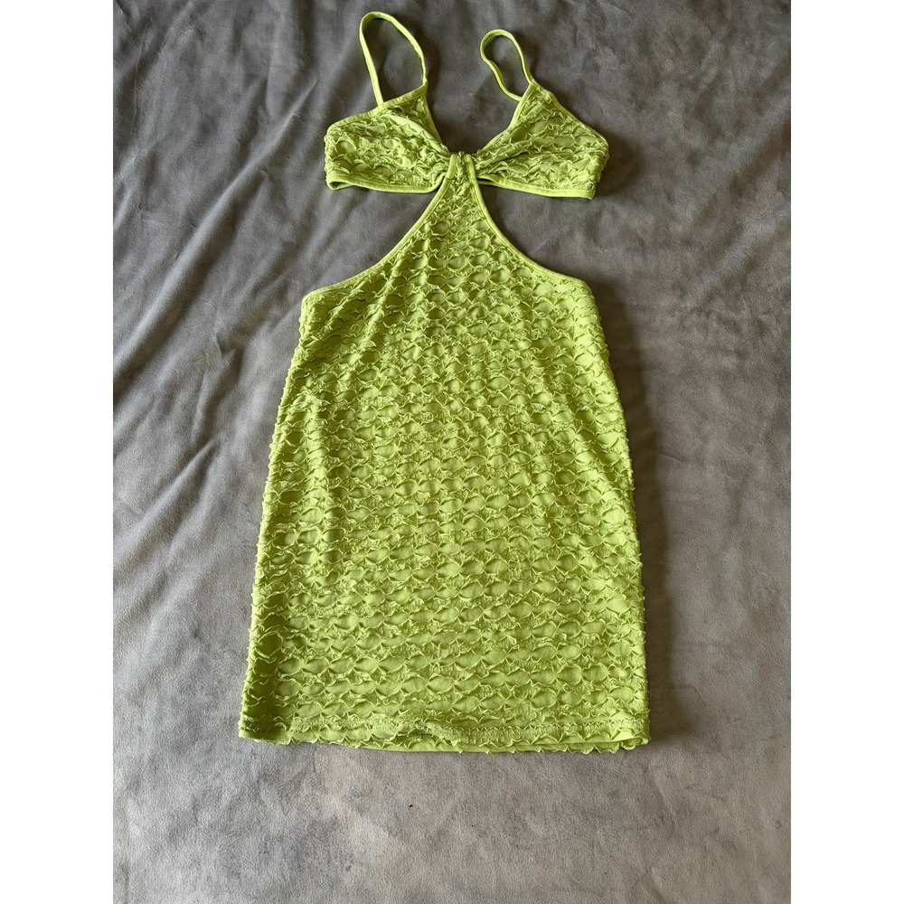 Vovigor Lime Green Popcorn Cutout Mini Dress Neon Textured Bodycon Size M
